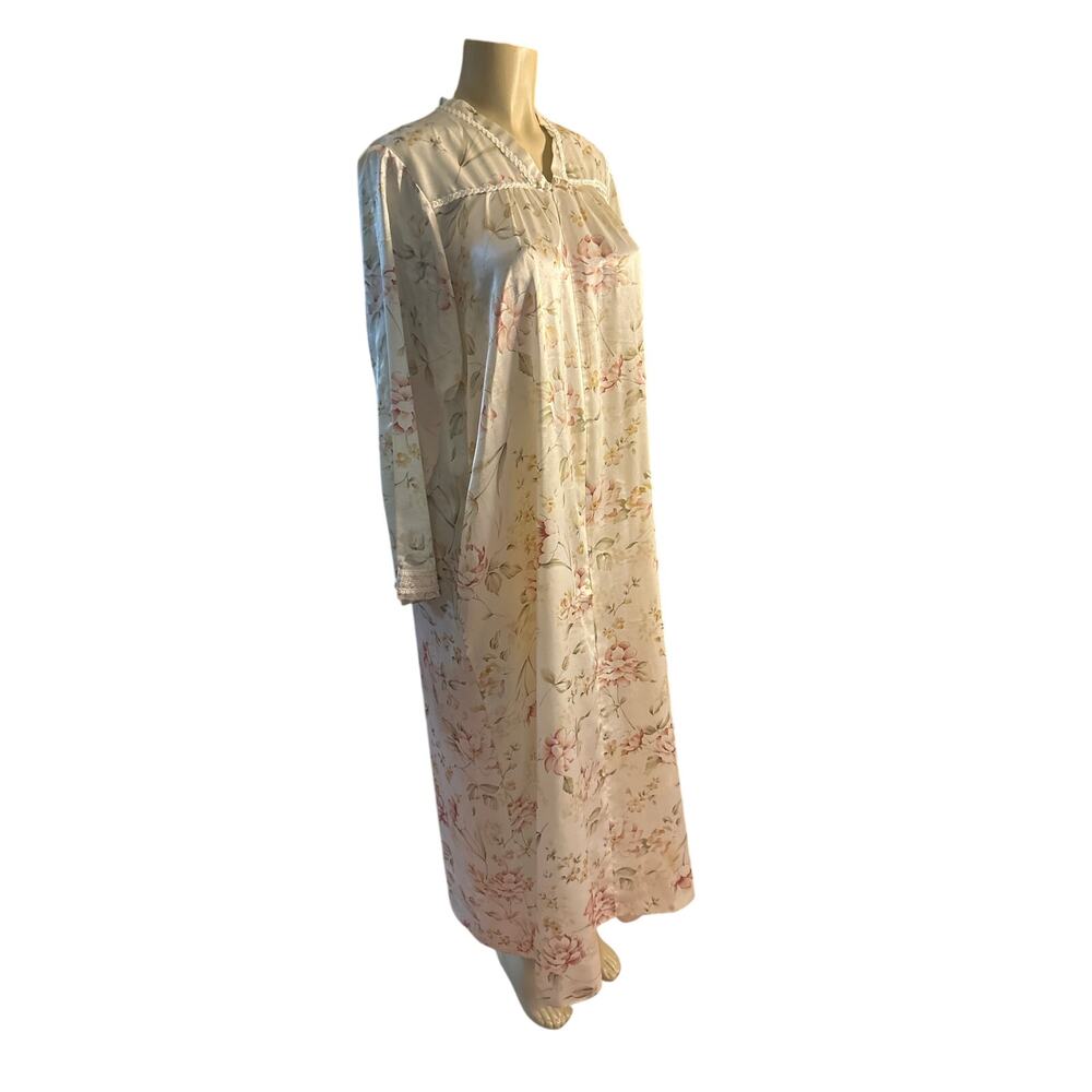 Vintage Christian Dior Satin Zip Nightgown Maxi House Lounge Dress Floral Print